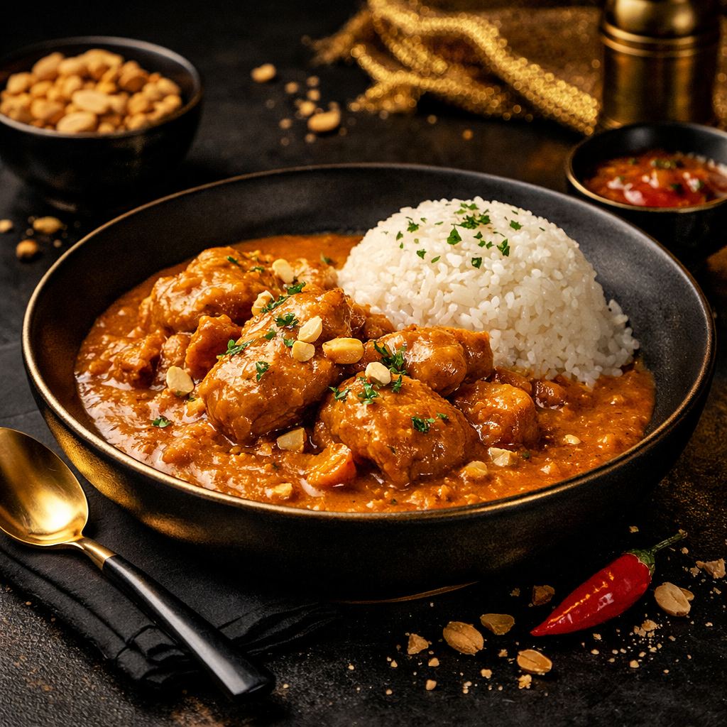 Mafé maison servi avec riz blanc, sauce arachide
