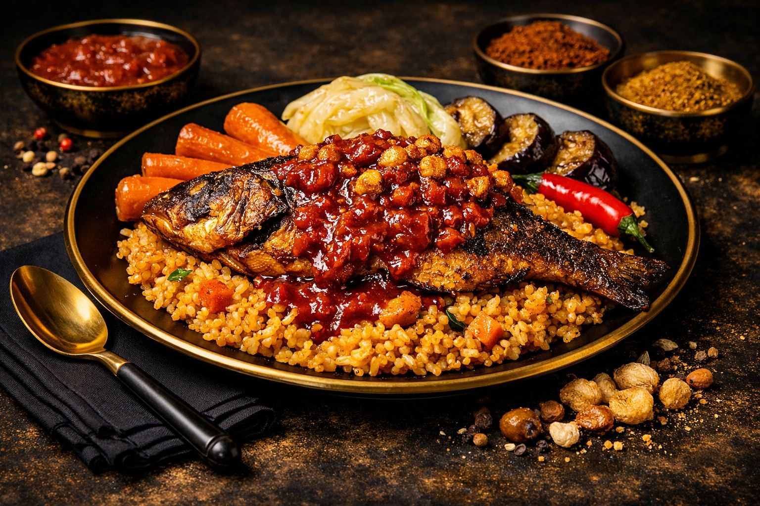 Plat sénégalais traditionnel de Wolof Kitchen, riz épicé et sauce maison